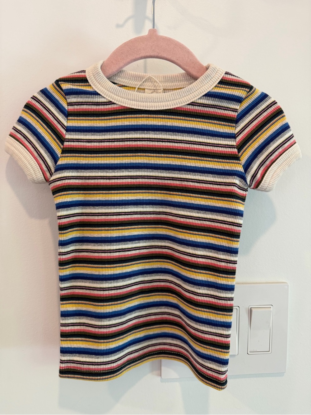 Kids' Short Sleeve Multicolor Stripe Ribbed Tee - Cream Trim